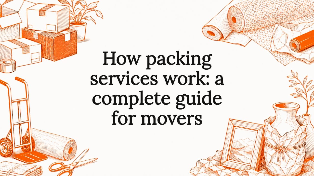 Decorative title card with packing service illustrations