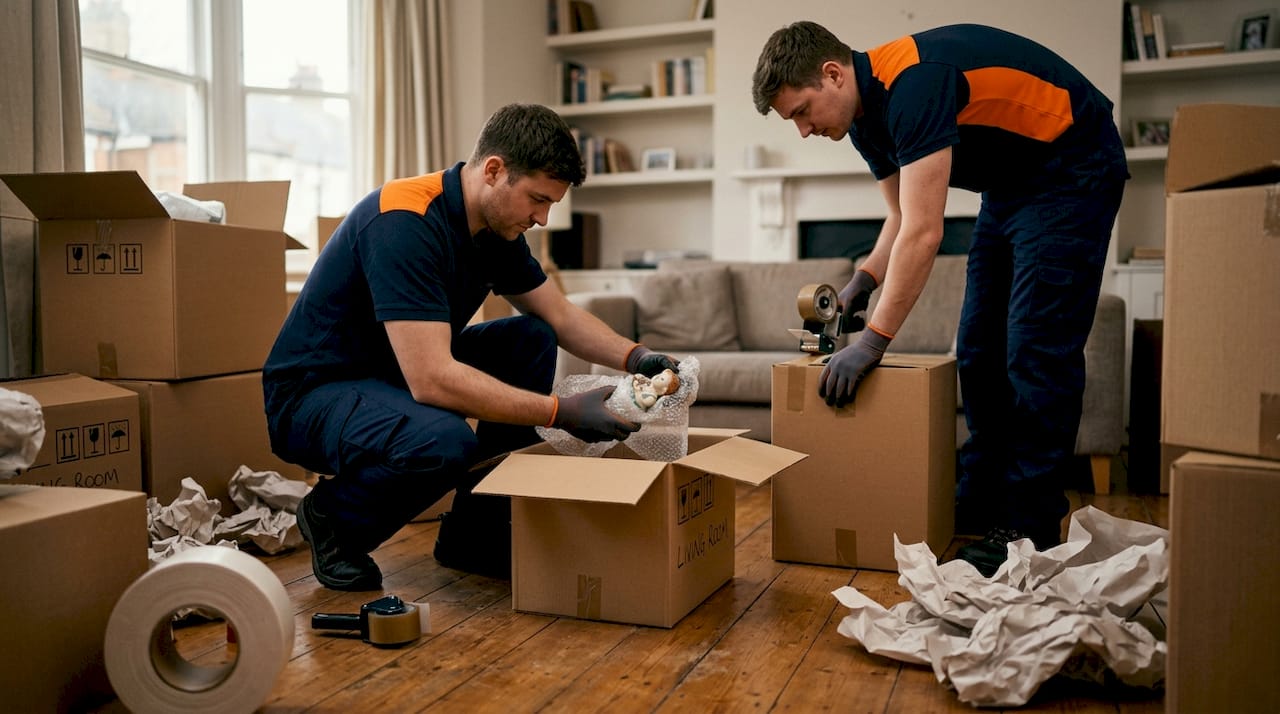 Professional movers packing fragile boxes carefully