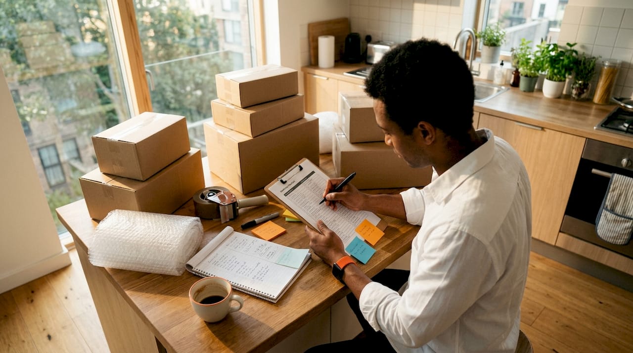 Person planning moving inventory at table