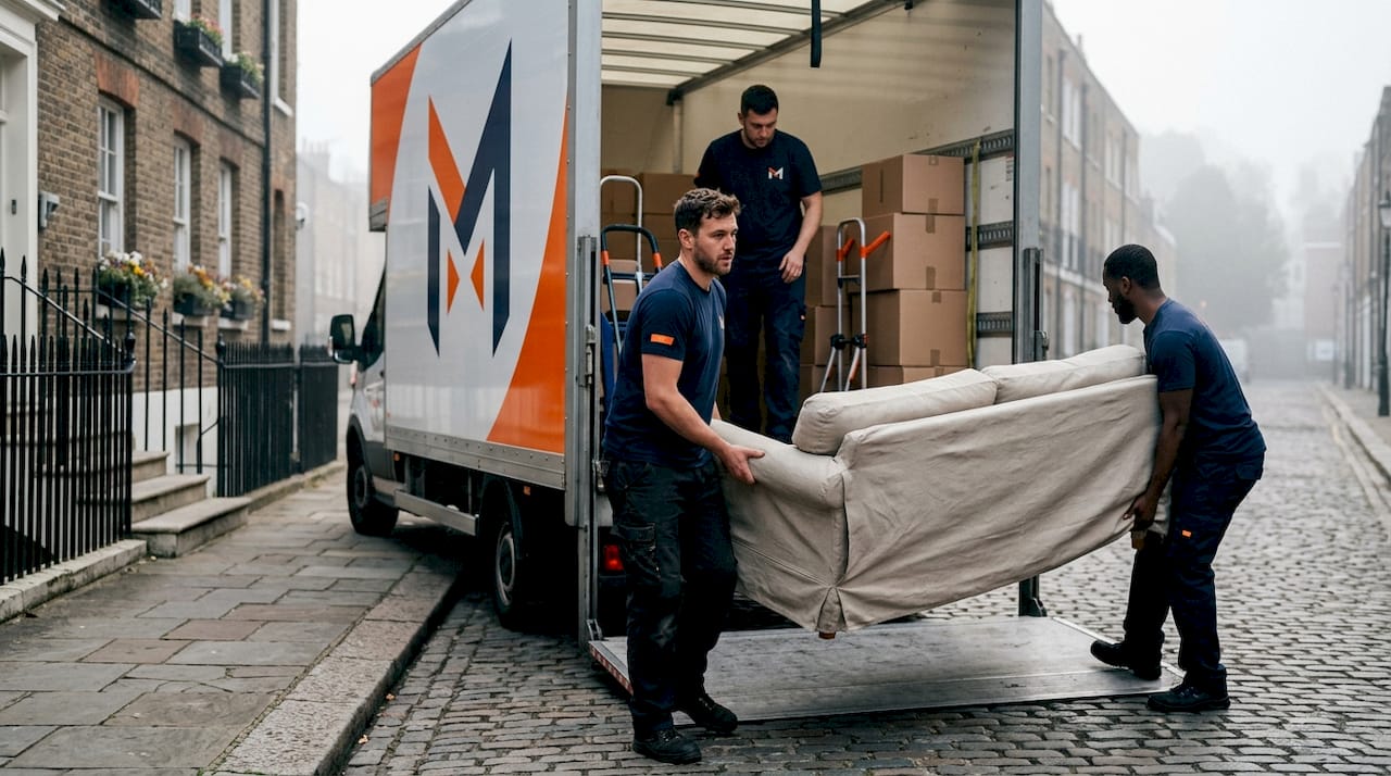 Removal team loading furniture on urban street