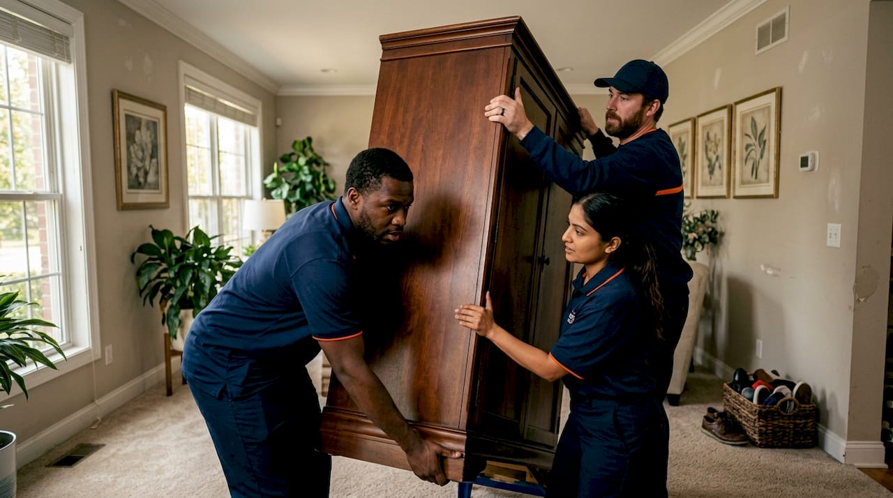 Crew lifting heavy wardrobe in home hallway