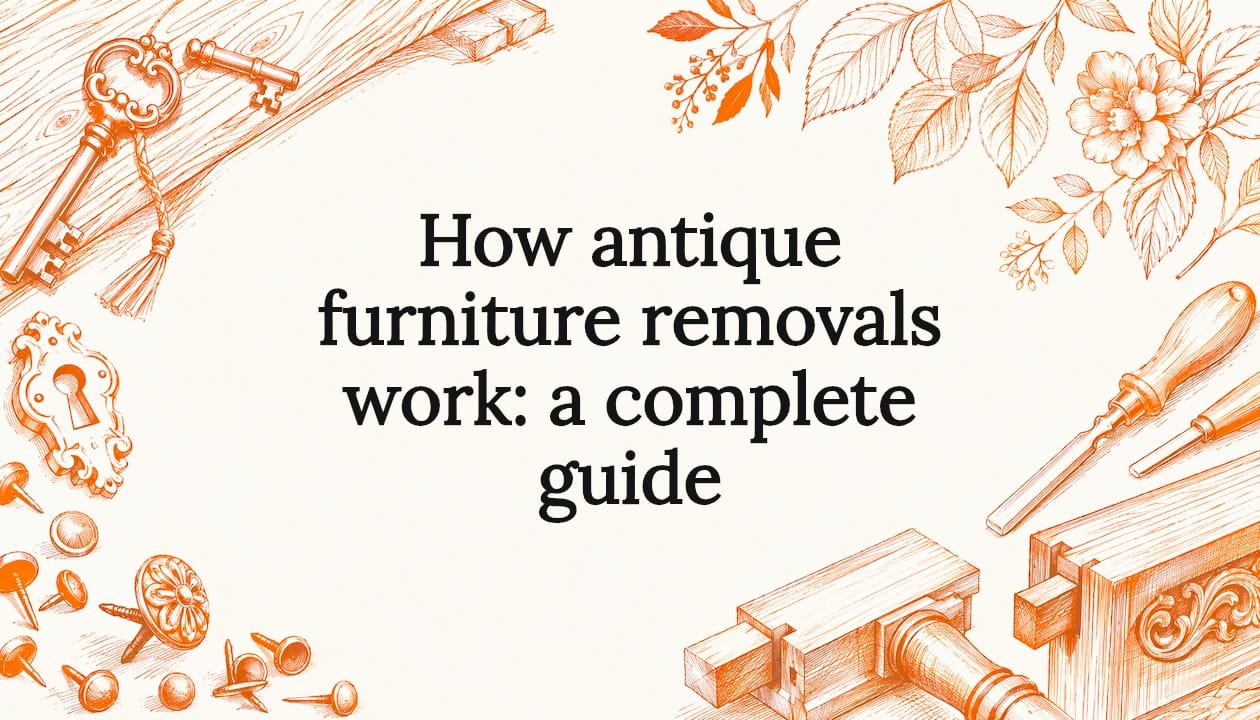 Decorative illustrated title card for antique furniture removal article