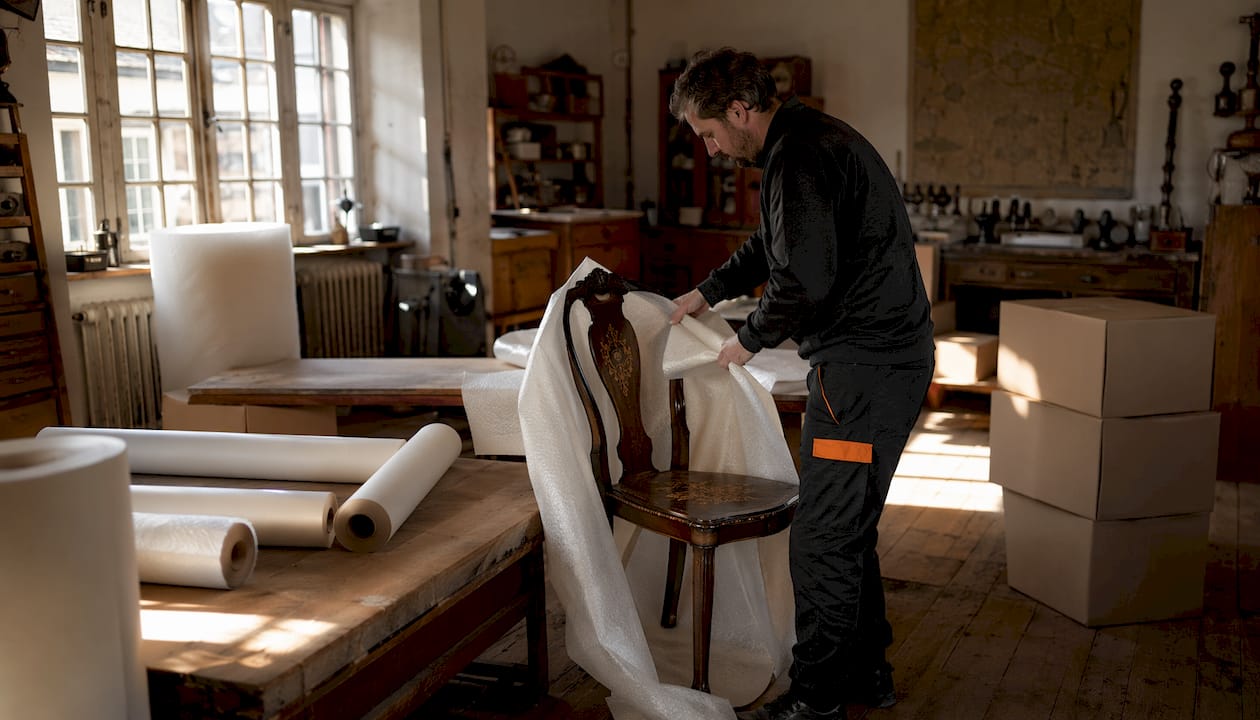 Specialist packing delicate antique chair carefully
