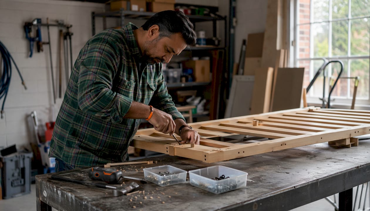 Man dismantling bed frame with tools