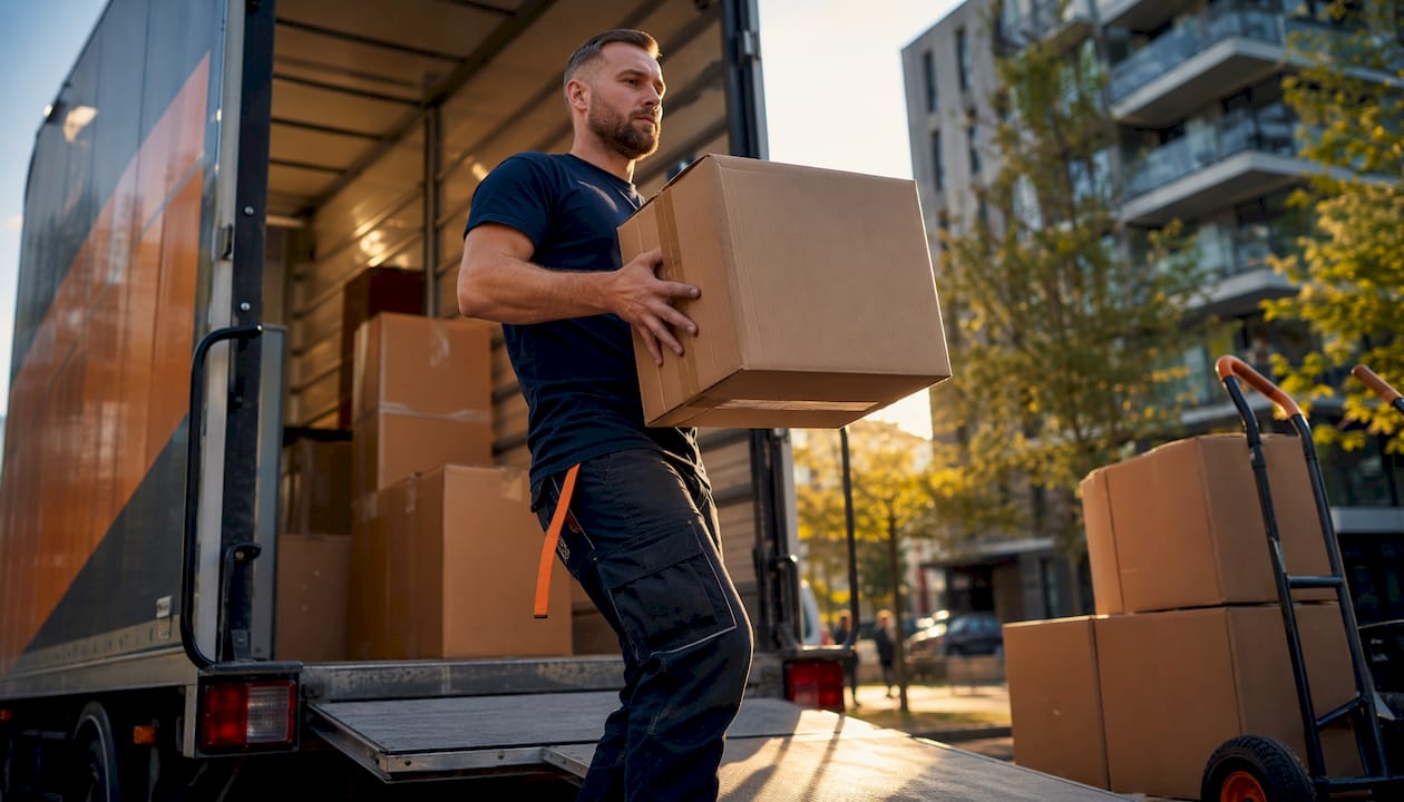 Mover loading boxes into truck at home