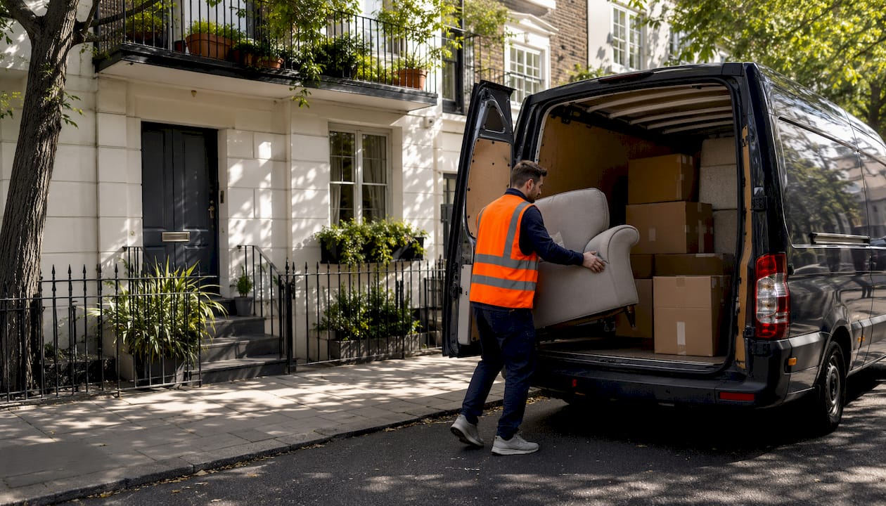 Mover loading sofa into van outdoors
