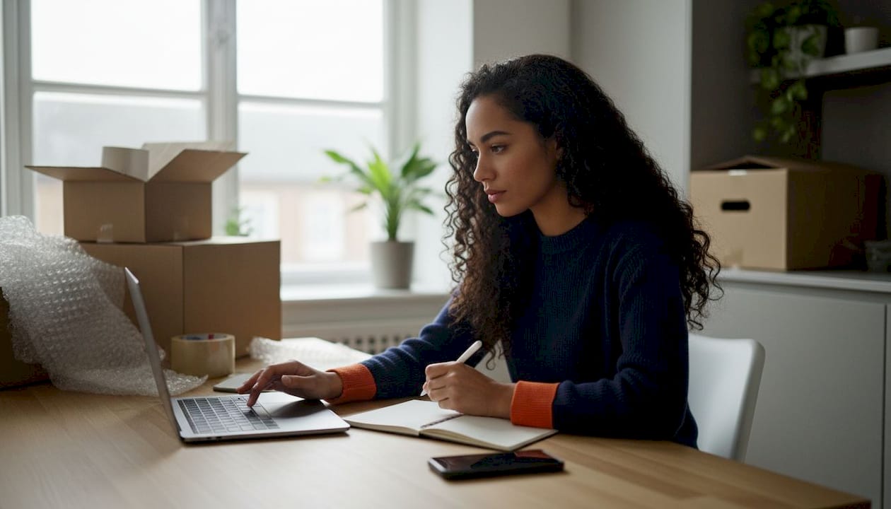Woman booking small move online at home desk