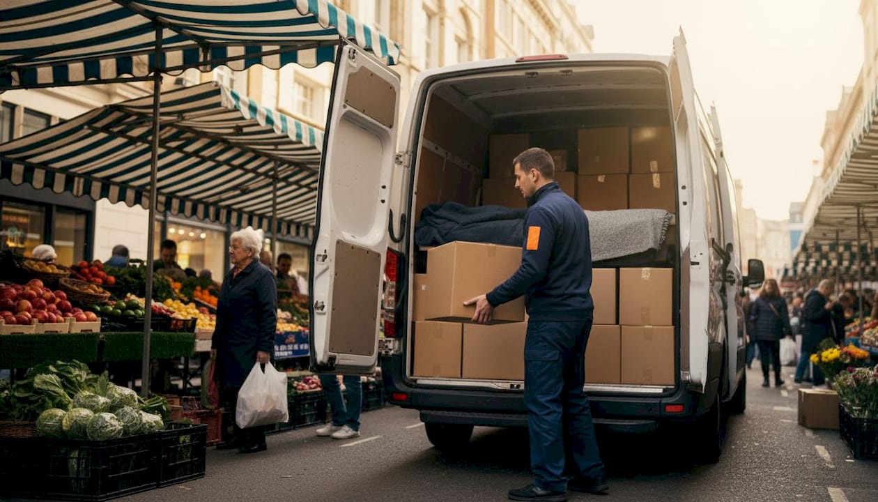 Mover loading boxes into van on London street