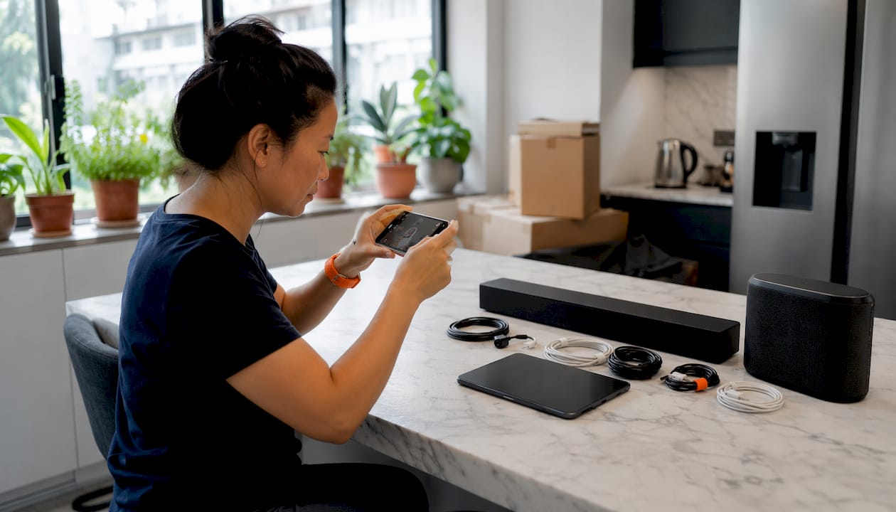 Woman photographing labeled electronic cables