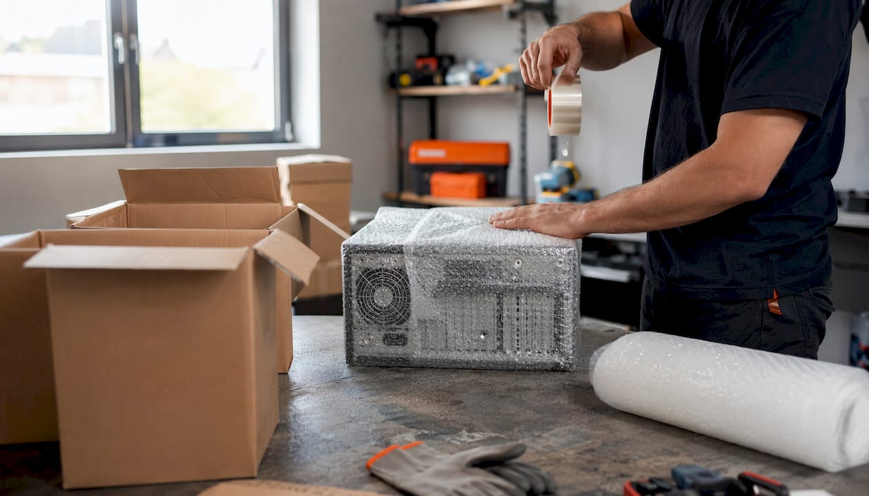 Hands wrapping desktop tower with anti-static bubble wrap