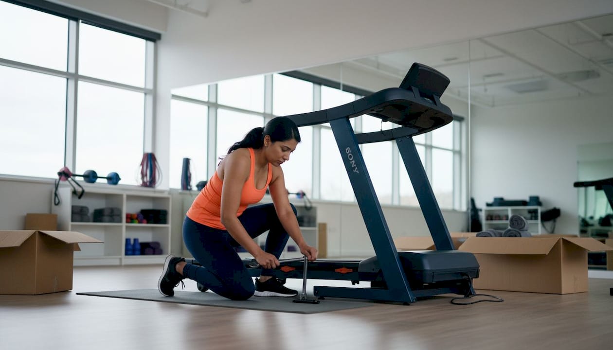 Woman assembling treadmill indoors