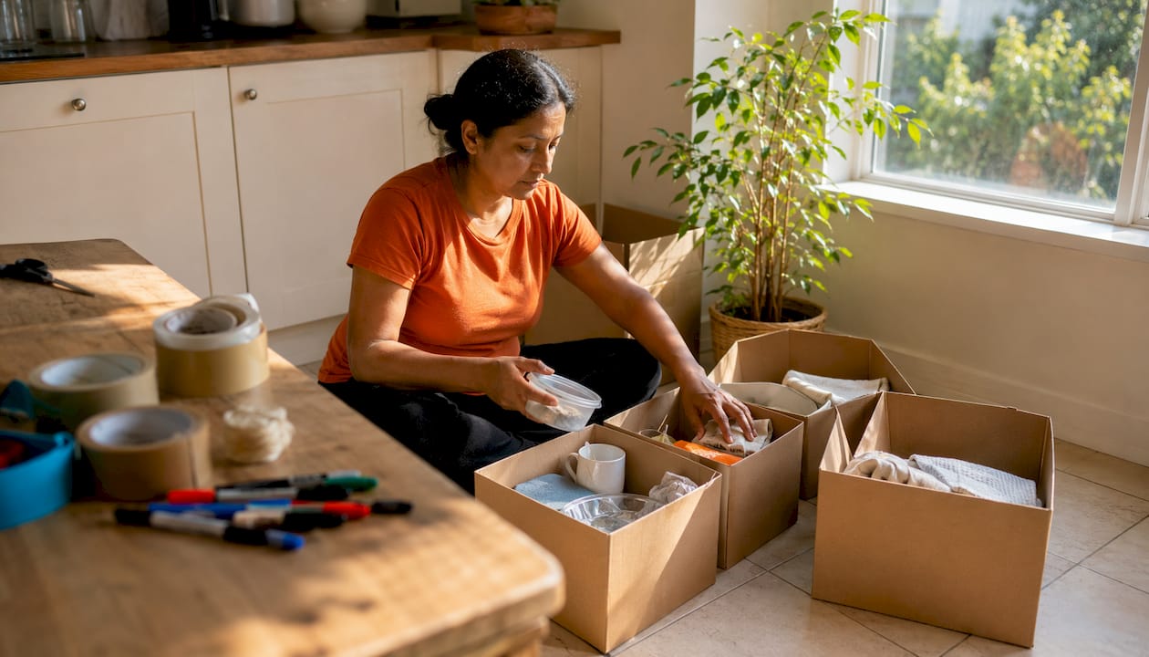 Woman sorting boxes in living room for decluttering