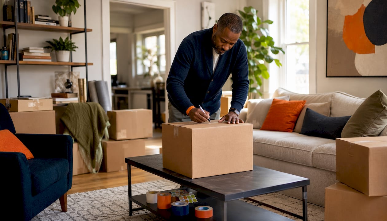 Close-up of hands labeling moving box in kitchen