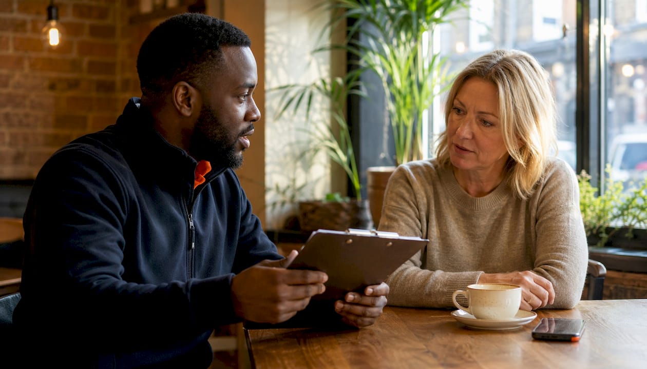 Clients discussing booking with man and van operator