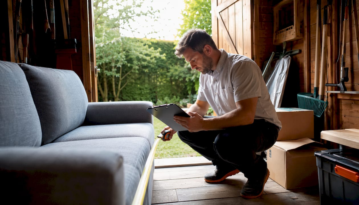 Surveyor measuring sofa for removals quote