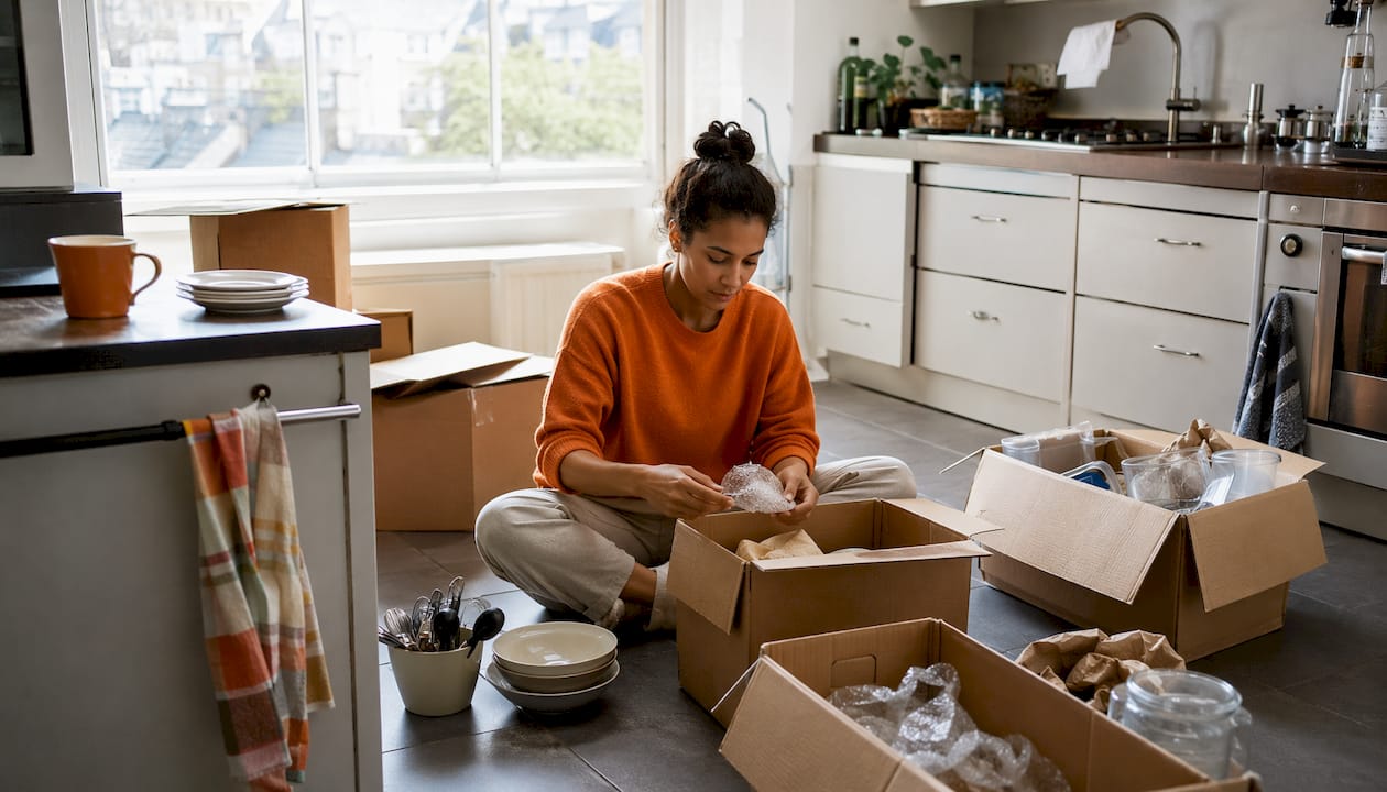 Woman packing boxes in flat living room