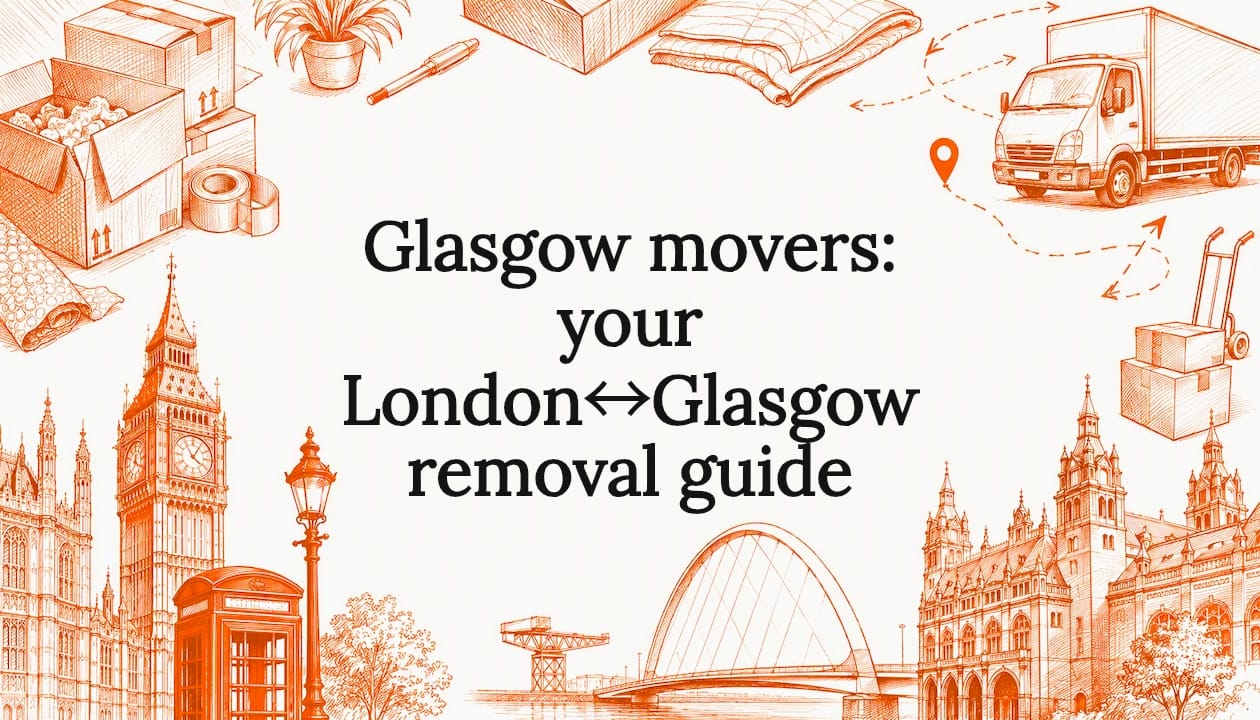 Decorative title card illustration with moving and city landmarks