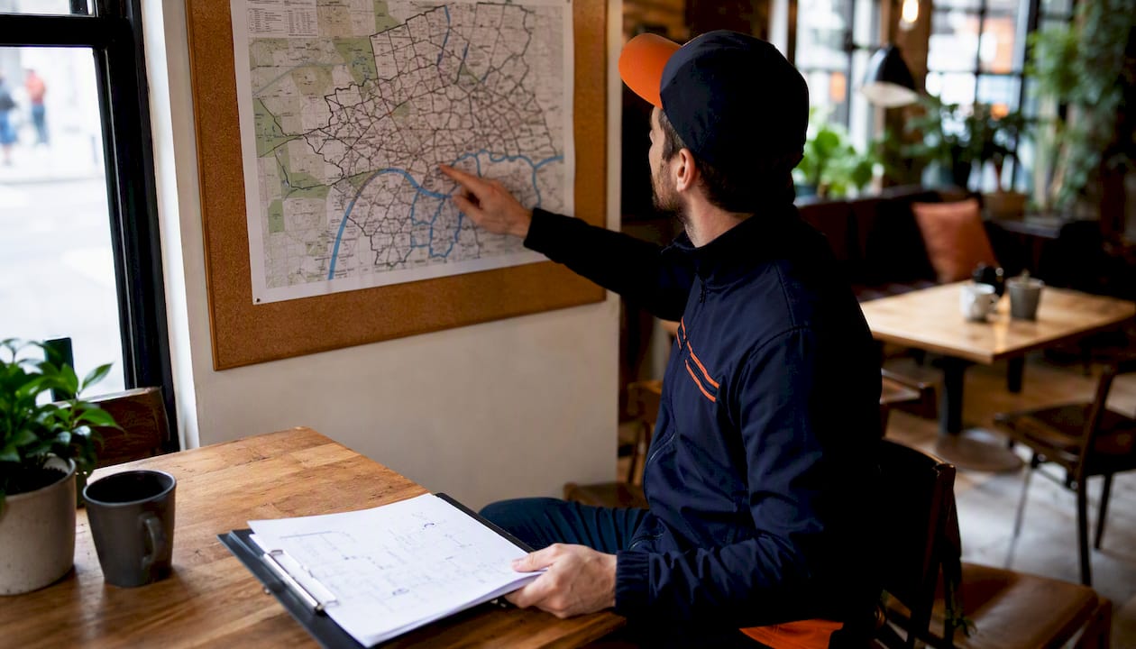 Mover checking London postcode map and tablet