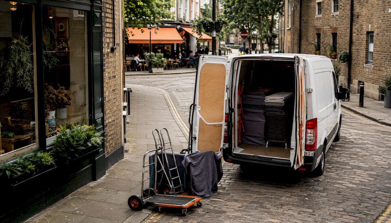 Clearance van and equipment in narrow London street
