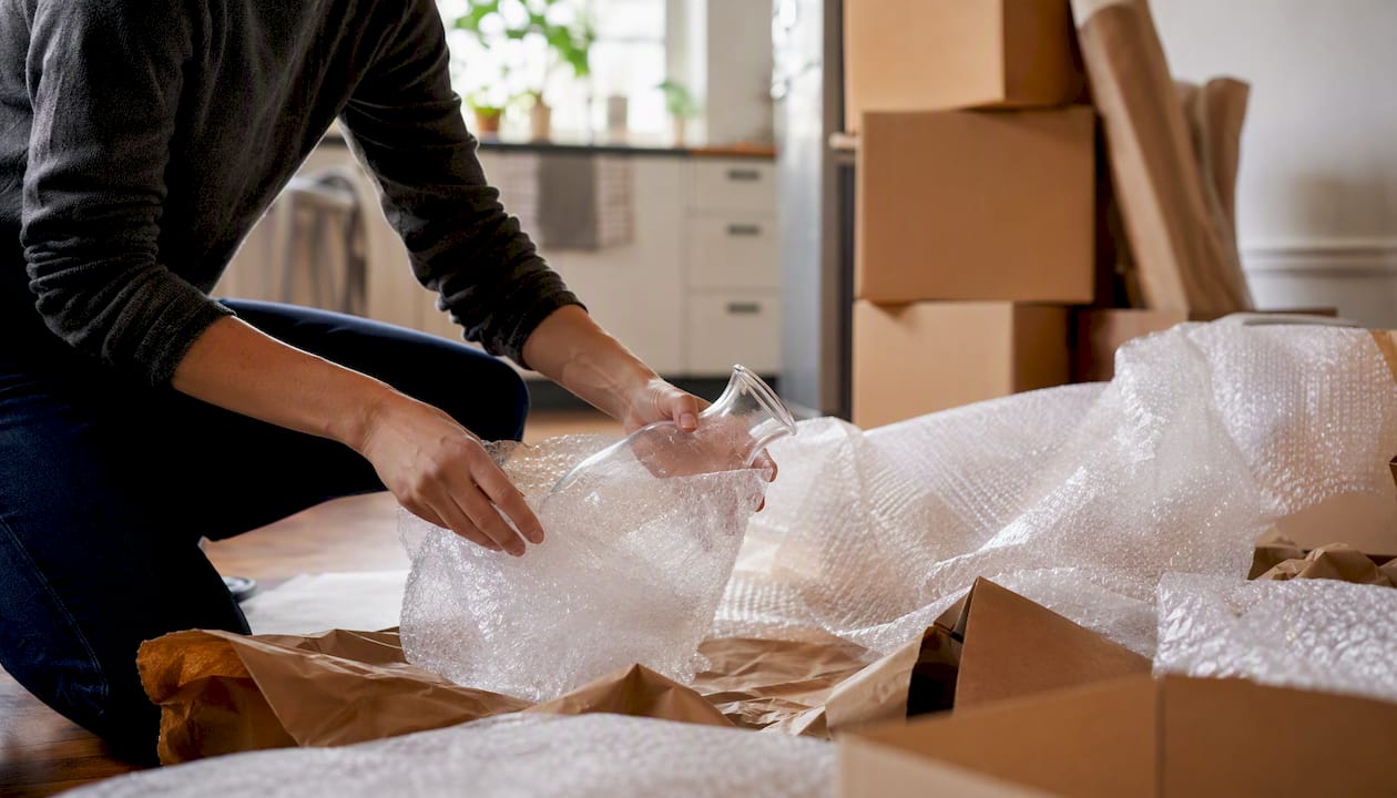 Hands wrapping fragile glass with bubble wrap
