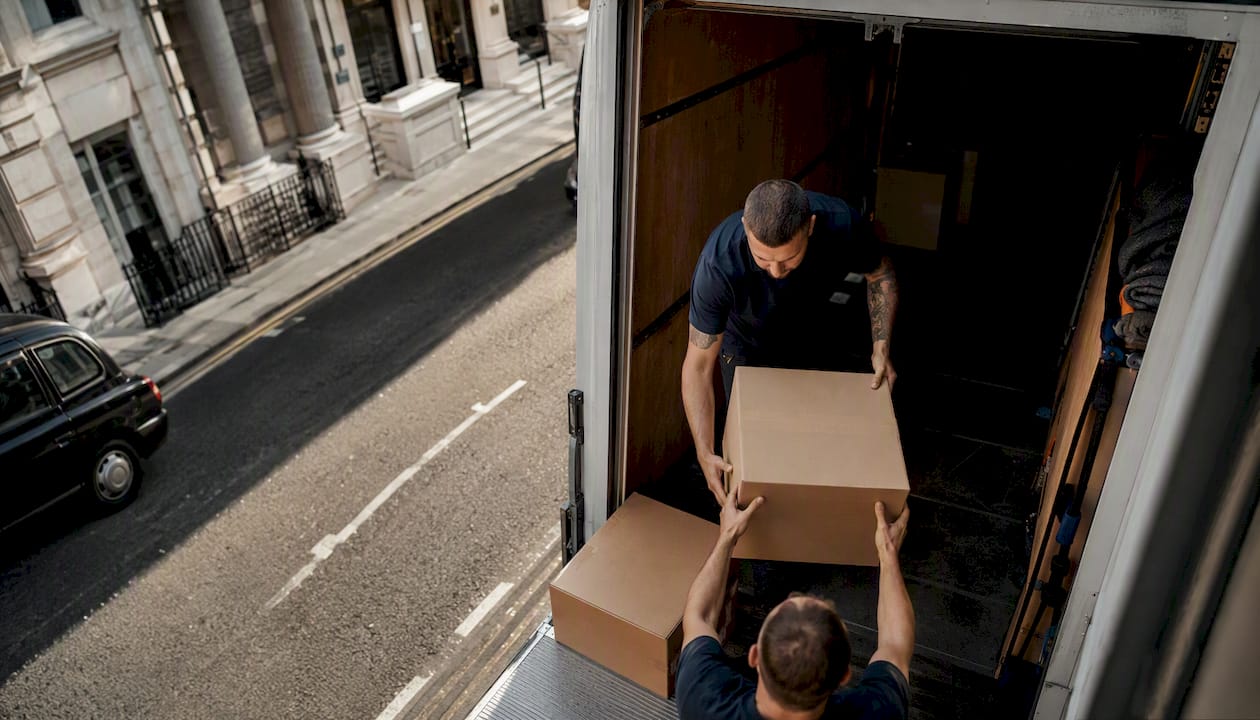 Hands loading boxes into removal van