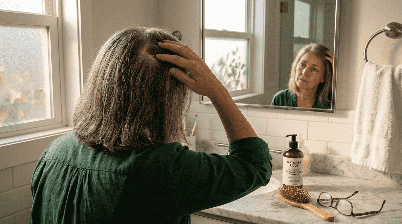 Woman checking scalp for hair thinning