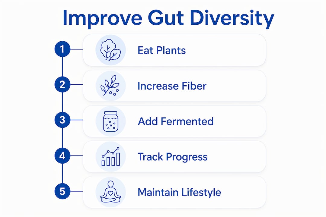 Vertical flow infographic showing 5 steps to improve gut diversity