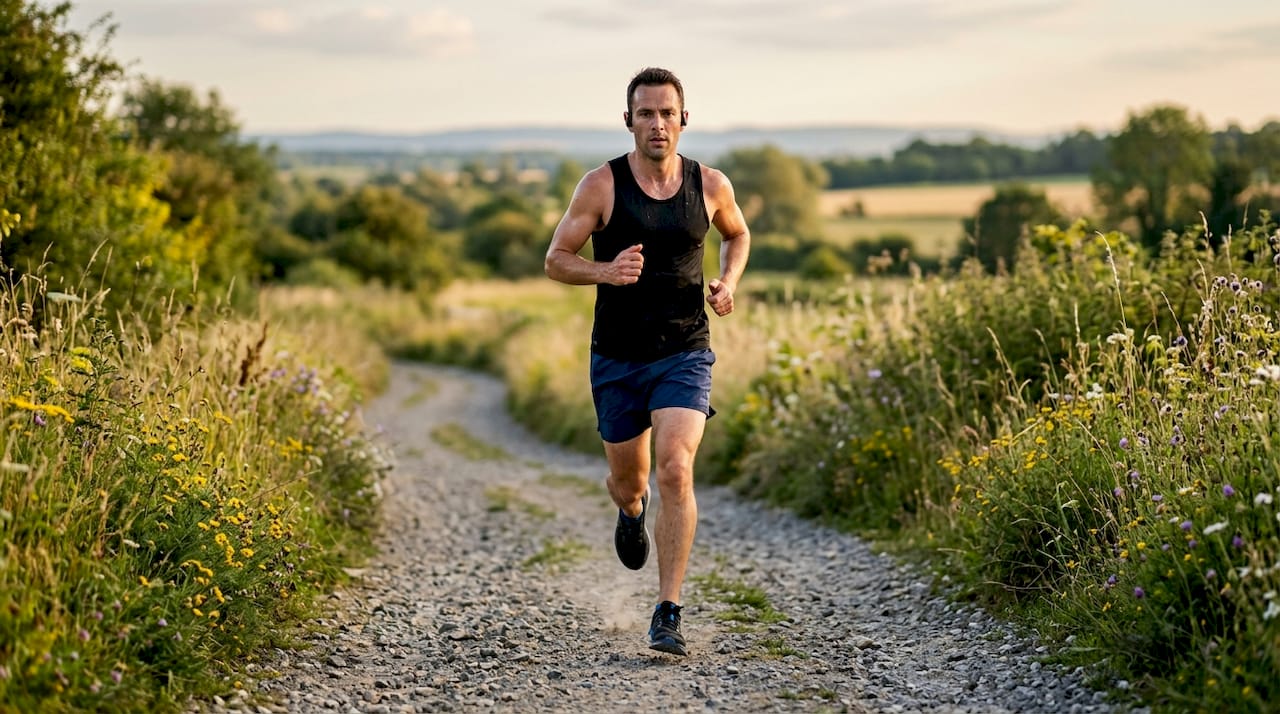 Male runner jogging outdoors in city park