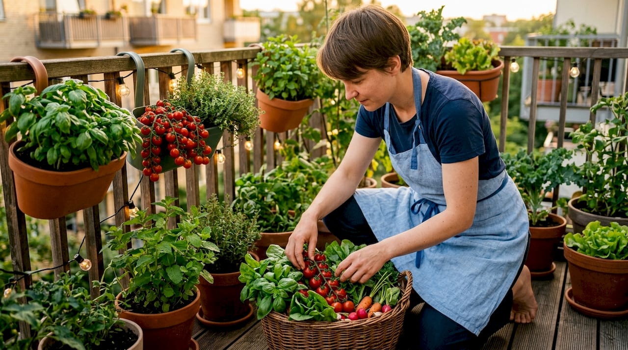Fresh diverse vegetables on cutting board with hands preparing salad
