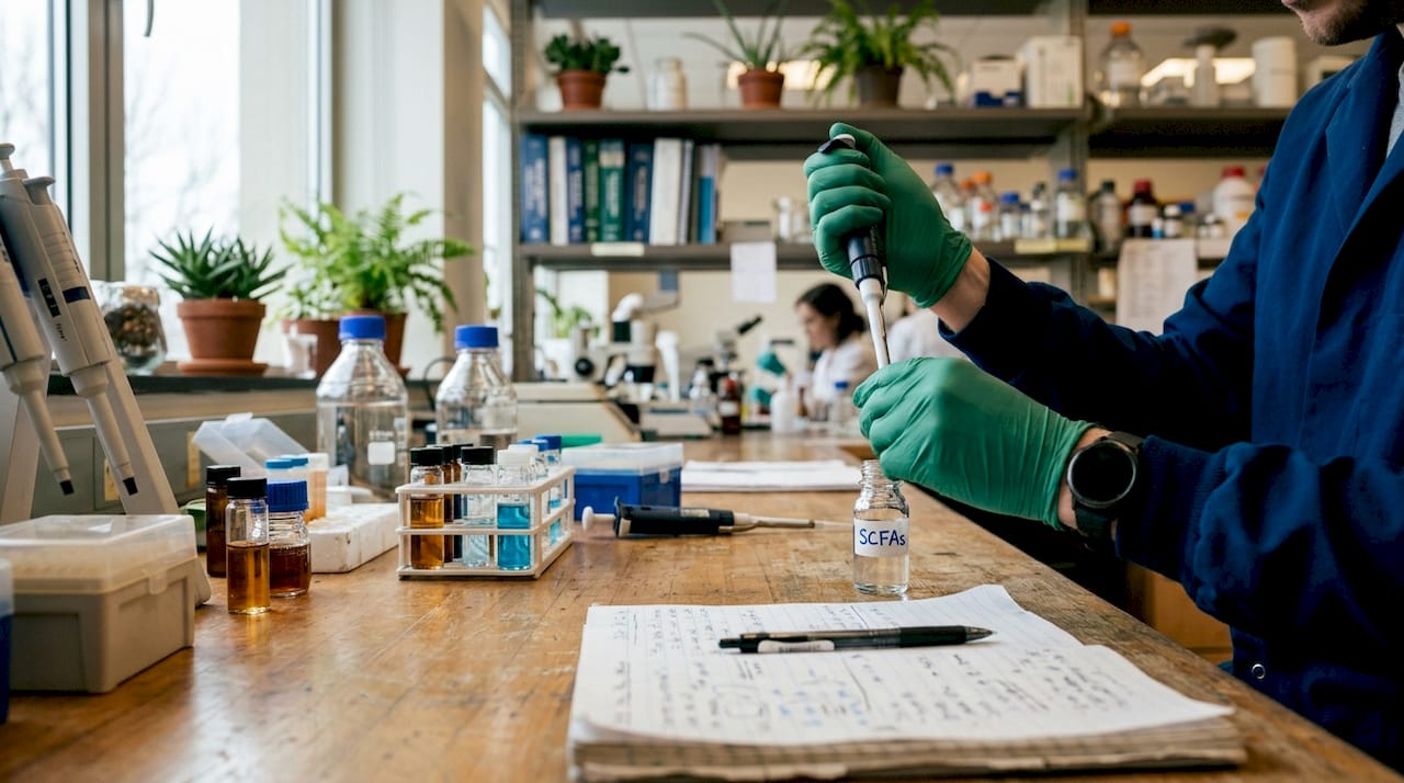 Hands pipetting SCFA sample in lab setting