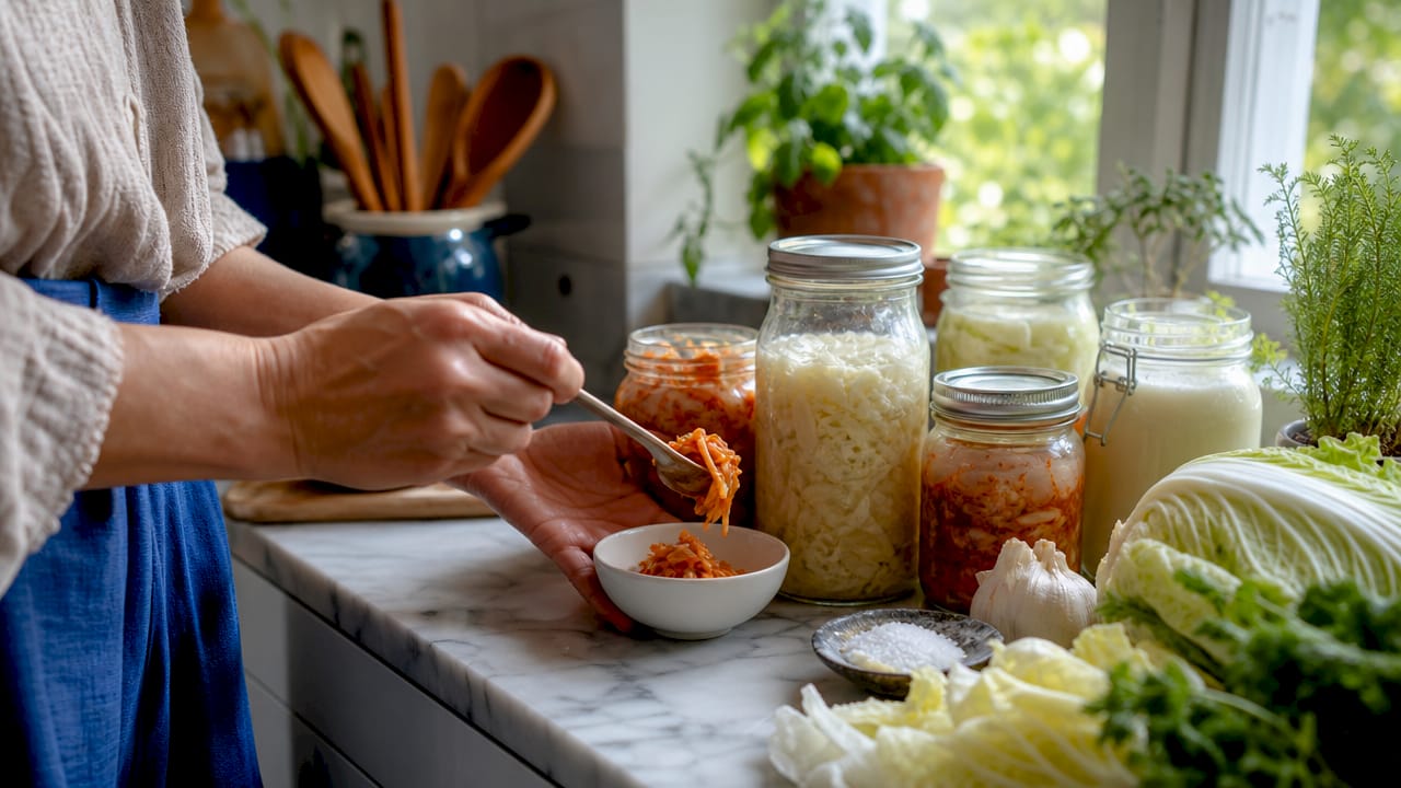 Overhead view of hands with jars of fermented foods