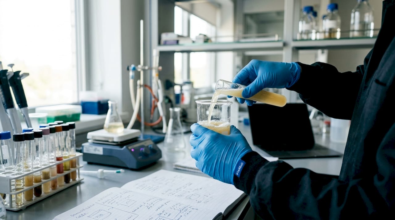 Hands performing fermentation test in lab