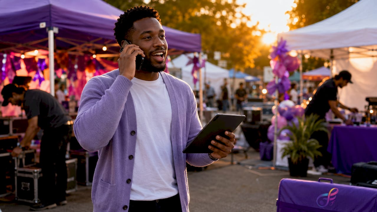 Event coordinator managing vendor issue outdoors