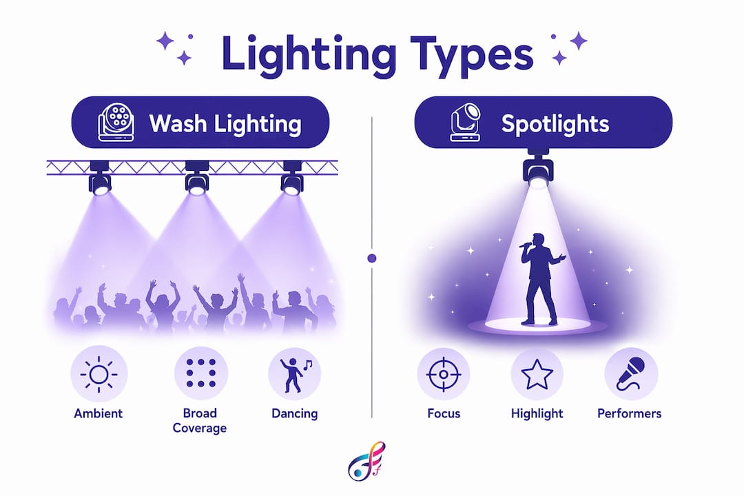 Infographic comparing wash lighting and spotlights