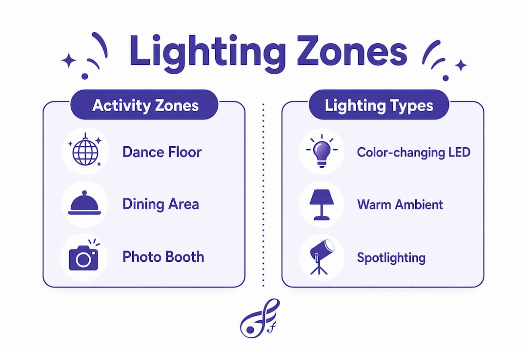 Infographic comparing lighting zones and types for birthday parties
