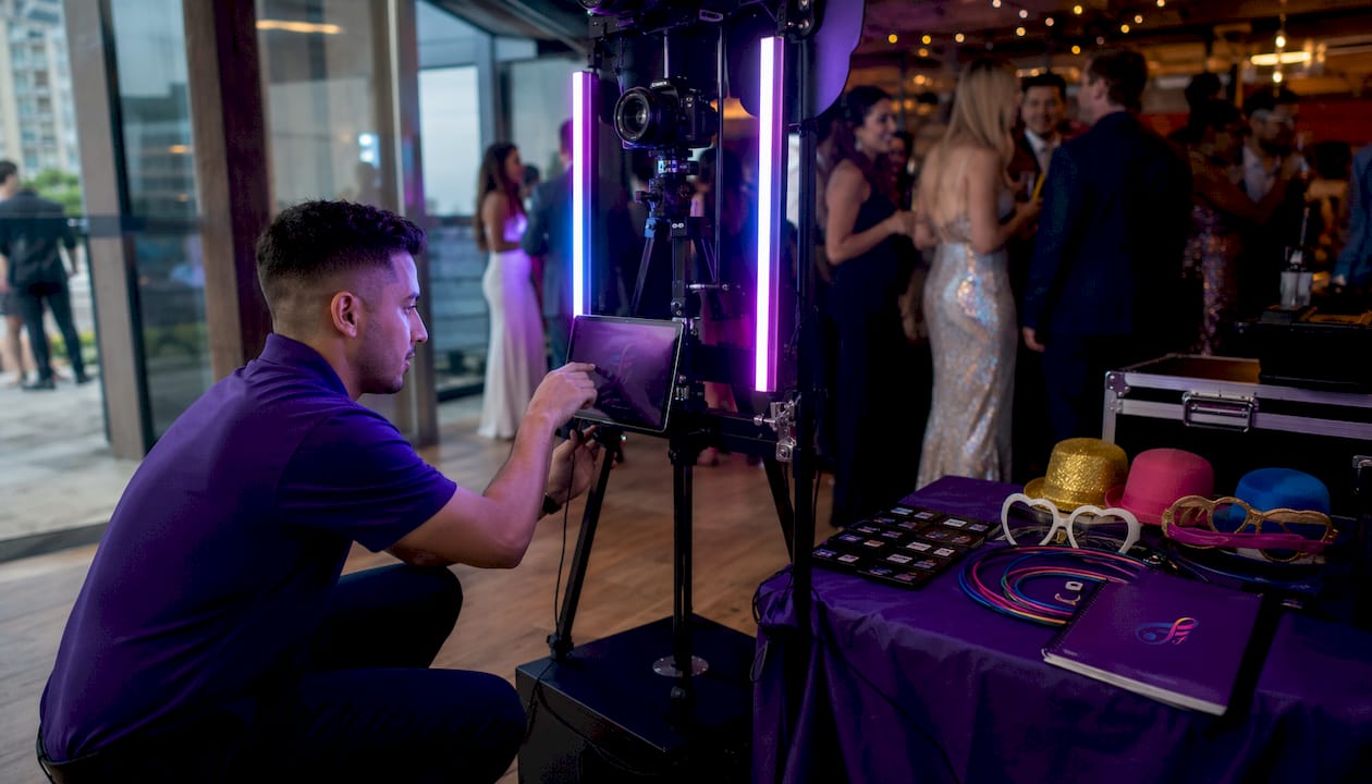 Technician adjusting photo booth camera equipment