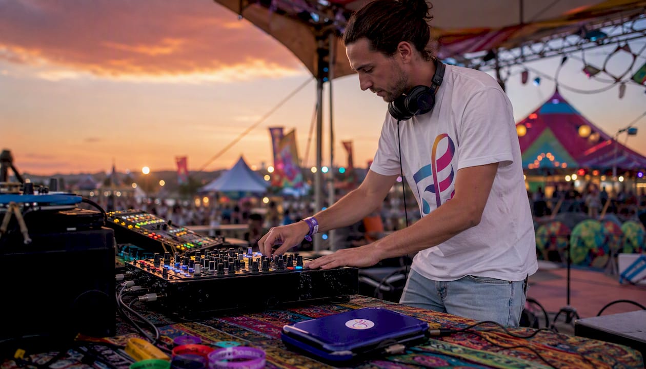 DJ hands adjusting sound and lighting controls
