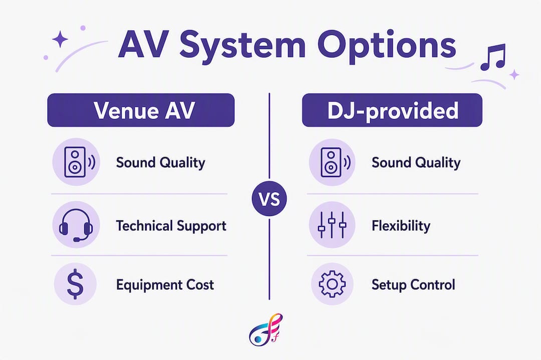 Infographic comparing venue AV system and DJ-provided system