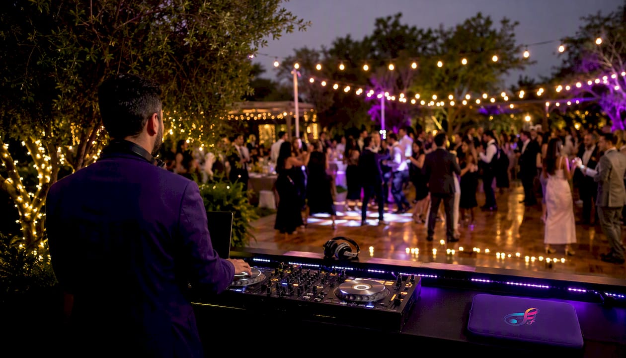 DJ booth overlooking dance floor indoors