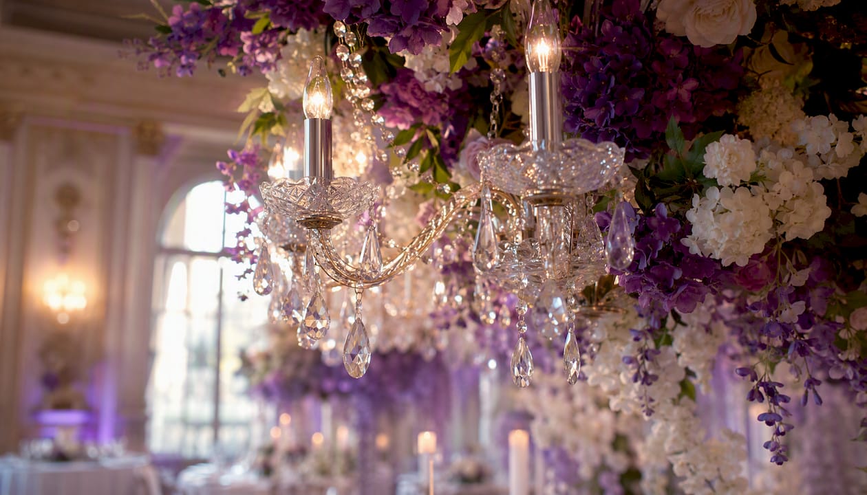 Crystal chandelier and blush ivory floral decor