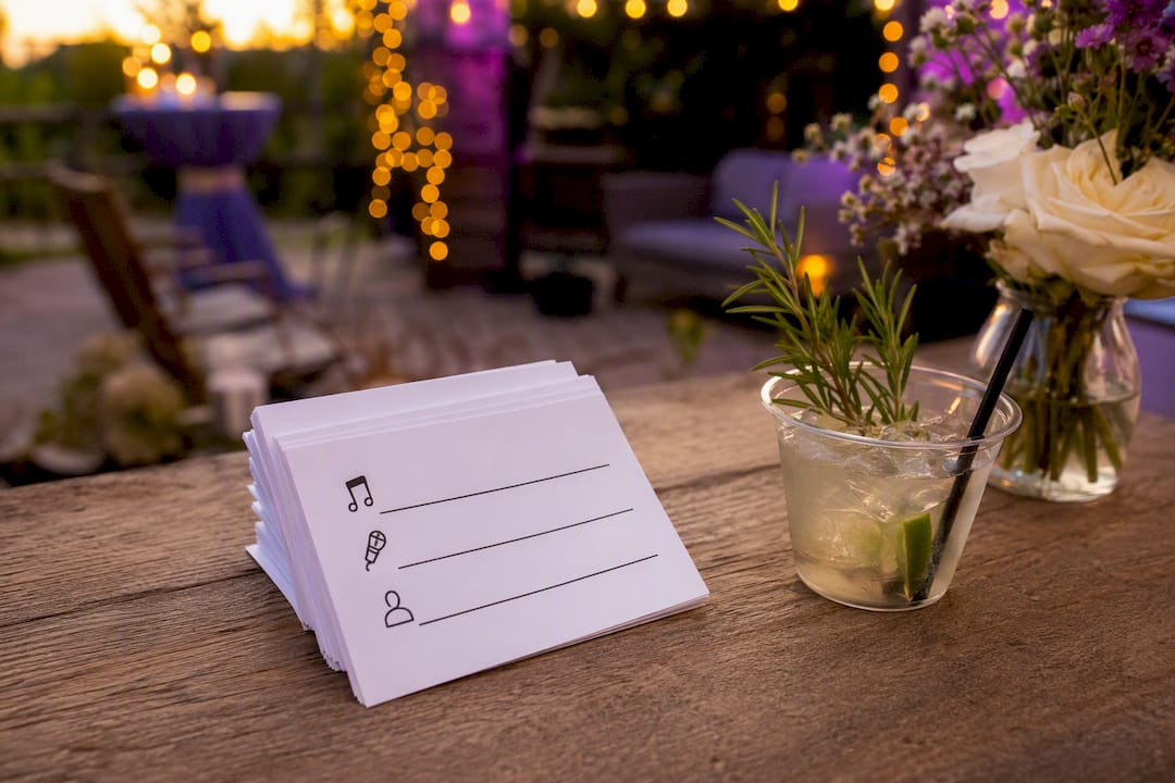 Printed DJ request cards on event table