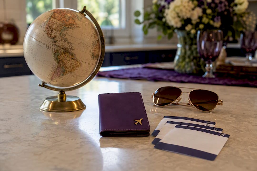 Travel essentials representing honeymoon cash fund