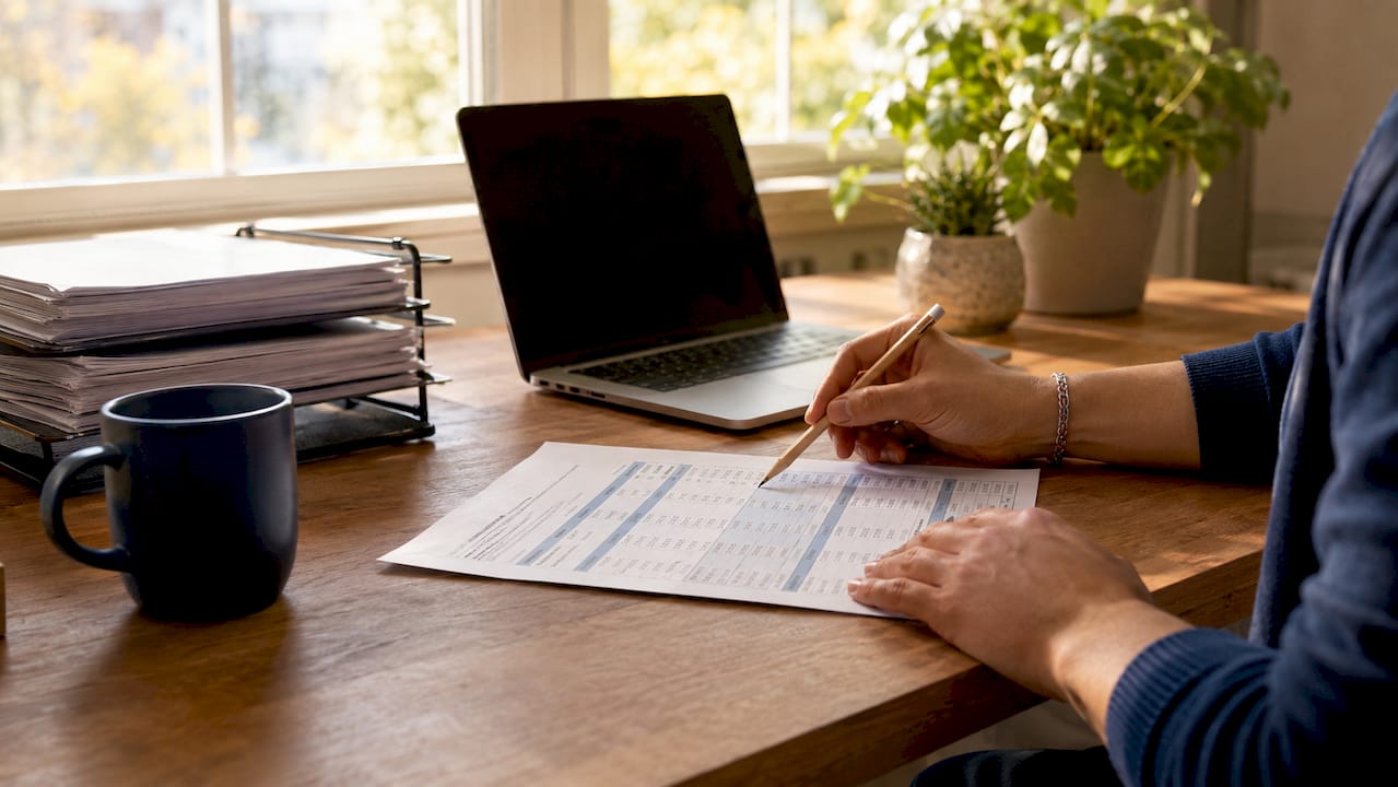 Hands pointing at mortgage income calculation worksheet
