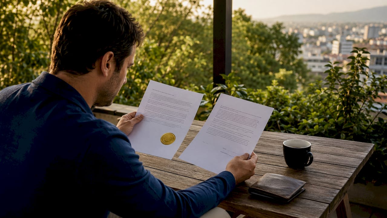 Hands holding secured and unsecured loan contracts