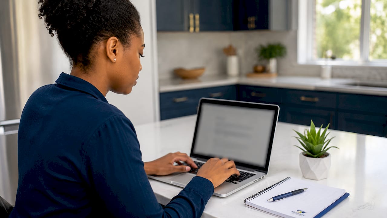 Woman checking credit report on laptop at home office