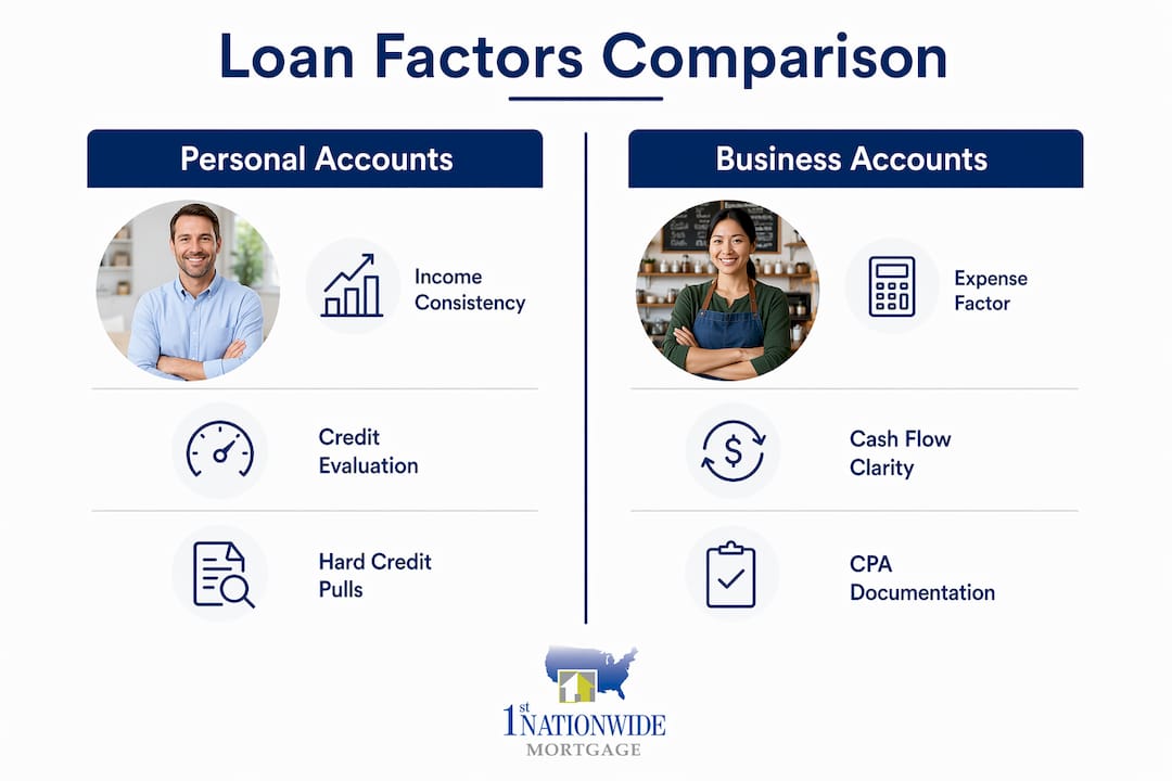 Infographic comparing personal and business account loan factors