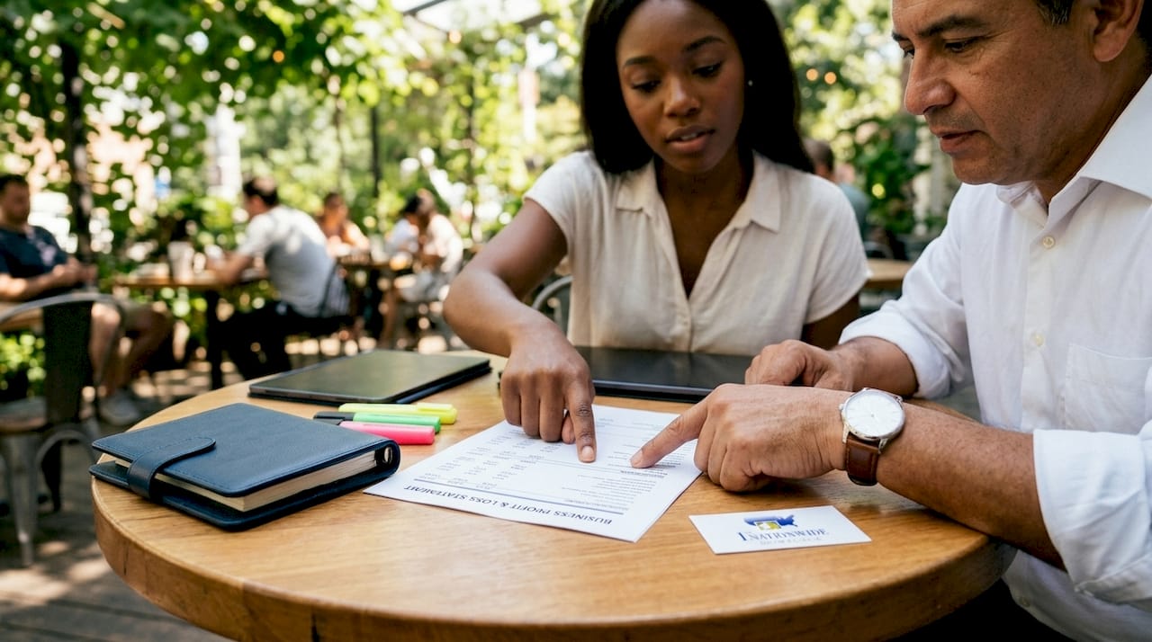 Hands pointing at self-employment income documents