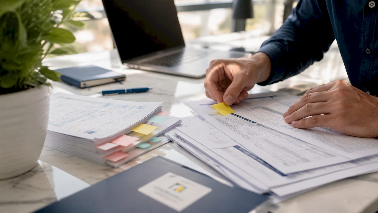 Hands sorting mortgage financial documents overhead