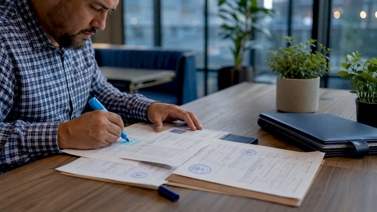 Man highlighting foreign income documents in bank