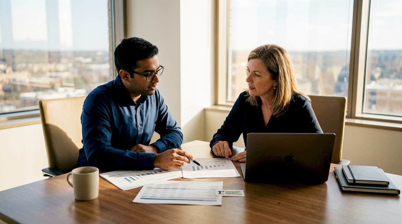 Hands pointing at income graphs in client meeting